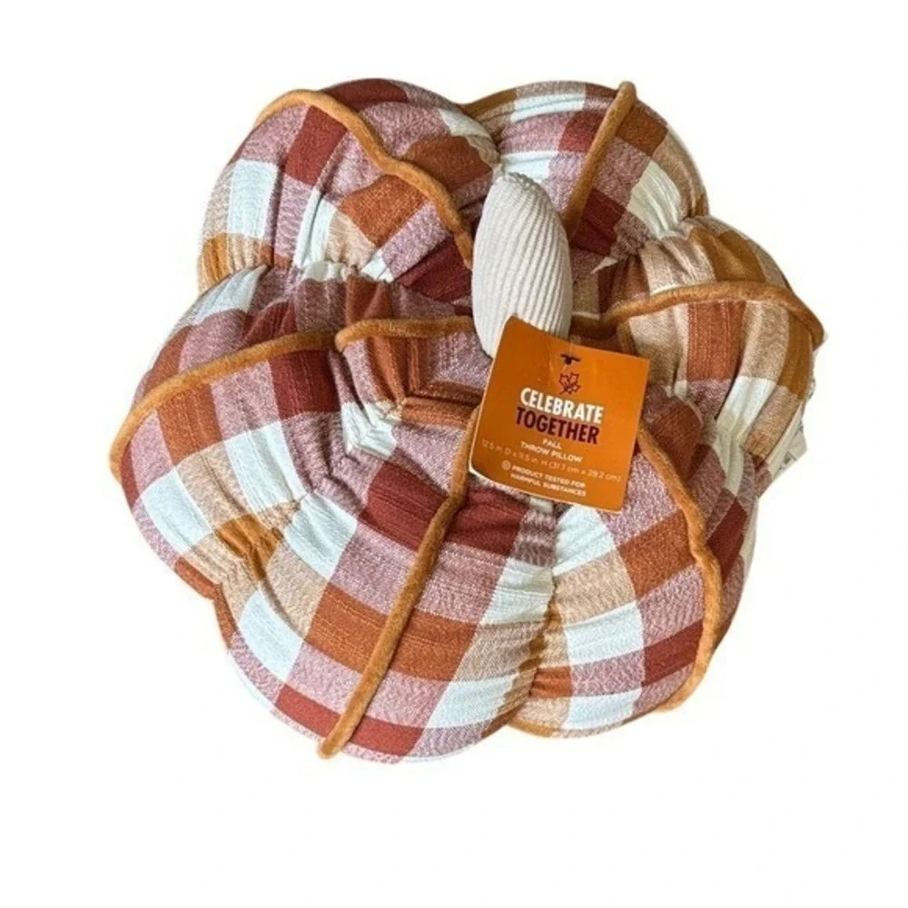 Celebrate Together Oversized Orange Plaid Pumpkin & Pie Slice Accent Pillow NEW